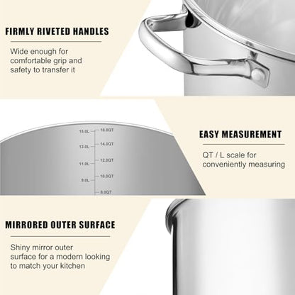 TeamFar 16QT Stock Pot, Stainless Steel Stockpot Large Induction Cooking Pot with Lid & Tri-ply Bottom, for Soup Seafood Cooking, Sauce Canning, Non Toxic & Heavy Duty, Various Stovetops Suitable