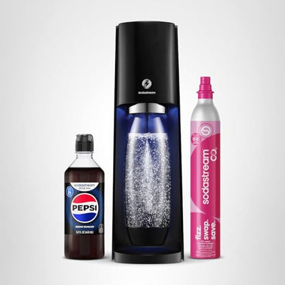 SodaStream - E-TERRA Soda Maker | STARTER KIT | 3 Automatic Carbonation Levels | Includes 1x CO2 Cylinder, 1x 32 Fl Oz Dishwasher Safe Bottle, 1x Pepsi Zero Sugar Mix, 1x Power Adapter | Black