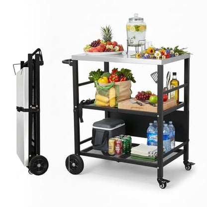 ROVSUN Stainless Steel Foldable Grill Table Cart, Outdoor Food Prep Rolling Cart with Wheels and Storage Shleves, Paper Towel Holder, Easy Movable Kitchen Island for Home, Patio, Pizza Oven