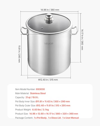 VEVOR Stainless Steel Stock Pot, 21-Quart Stainless Steel Stockpot with Glass Lid, PFOA-Free, PFAS-Free, Compatible with Gas Stoves, Induction Cooktops, Electric Stoves, for Soups, Stews, and Pasta