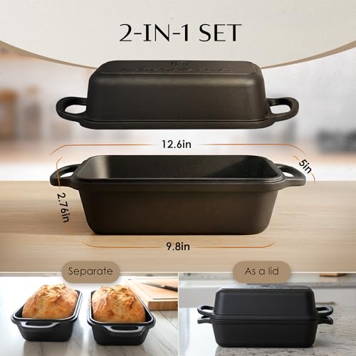White Oaks Ranch Cast Iron Bread Loaf Pan + Bread Bag + Dough Whisk + Brush | 2-in 1 Pre-Seasoned oven-safe bread pan for homemade bread | 5-Piece Set