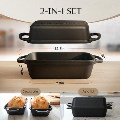 White Oaks Ranch Cast Iron Bread Loaf Pan + Bread Bag + Dough Whisk + Brush | 2-in 1 Pre-Seasoned oven-safe bread pan for homemade bread | 5-Piece Set