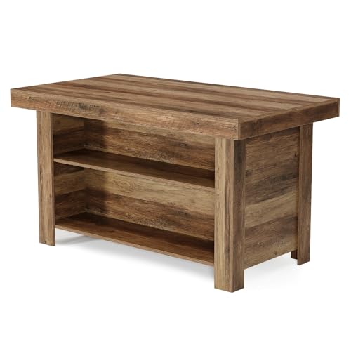LITTLE TREE 55 Inches Kitchen Island with Storage, 3-Tier Farmhouse Wooden Stationary Island Table with Large Worktop & Leg Room, Modern Coffee Bar Table with Storage Shelf for Kitchen, Rustic Brown