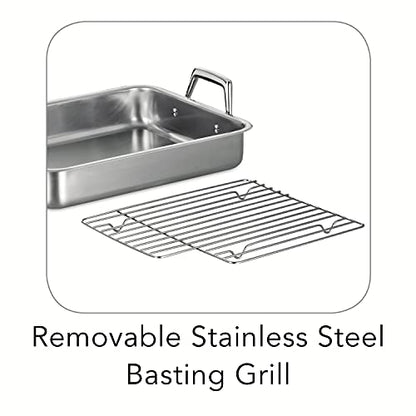Tramontina 13.5-Inch Stainless Steel Roasting Pan with Rack, Turkey Roaster for Oven, Dishwasher Safe, Made in Brazil