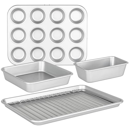 Viking Premium 5-Piece Nonstick Ceramic Baking Pans Set, Made without PFAS, Heavy Gauge Aluminized Steel Bakeware, Baking Sheet, Cooling Rack, Loaf, Muffin and Square Pan, Oven Safe for 475F, Silver