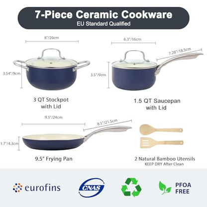 M MELENTA Pots and Pans Set, 7 Piece Nonstick Ceramic Cookware Set, Kitchen Induction Cookware Sets, Pots and Pans Non Stick with Oven Safe Handle, 100% PFOA Free, Blue