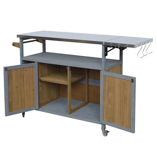 Christopher Knight Home Edsel Outdoor Bar Cart with Stainless Steel Top and Lockable Wheels, Solid Wood Outdoor Storage Cabinet, Kitchen Island Serving Cart for Poolside, Walnut Brown+Blue Gray