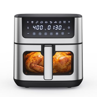 NEWBULIG Air Fryer 6.34QT Airfryer with Visible Window 400℉ Fast Heating Stainless Steel Air Fryers Oven with Nonstick and Dishwasher-Safe Basket 8-in-1 Cooking Preset with Timer Auto-Off