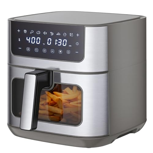 Sweetcrispy 6.34QT Air Fryer, 8-in-1 Air Fryers Oven with Visible Window, 400℉ Fast Heating, Nonstick Dishwasher-Safe Basket, Timer & Auto-Off, Stainless Steel, Grey