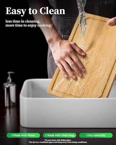 Kitchen Cutting Board Set - 3-Piece Wooden Cutting Boards for Kitchen with Juice Groove, Handles, Hang Holes, Stylish Kitchen Essentials for Chpping & Serving, Natural, 0.4"Th - (L+M+S)
