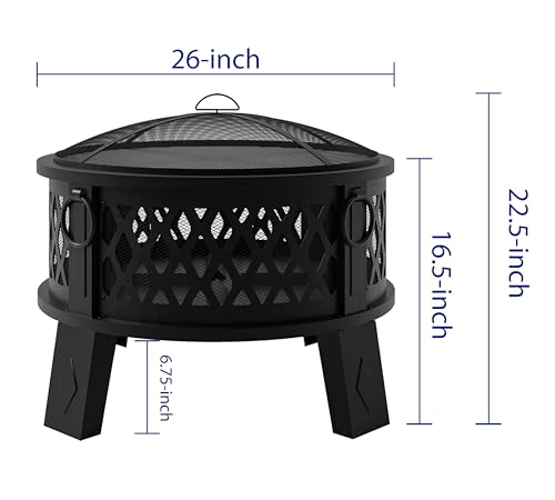 Fire Beauty 26" Steel Fire Pit with Grill & Diamond Mesh Design,360° Airflow Tech for 80% Less Smoke,XL Flames,Heavy-Duty Portable Outdoor Fire Bowl for Camping, Backyard, Beach (22lbs, 4 Handles)