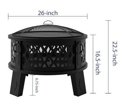 Fire Beauty 26" Steel Fire Pit with Grill & Diamond Mesh Design,360° Airflow Tech for 80% Less Smoke,XL Flames,Heavy-Duty Portable Outdoor Fire Bowl for Camping, Backyard, Beach (22lbs, 4 Handles)