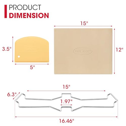Unicook Pizza Stone for Oven and Grill, 15 x 12 Inch Rectangular Baking Stone for Bread, Cordierite Pizza Pan for Baking Crispy Bread, Pie and Cookies, Includes Carry Rack and Dough Scraper