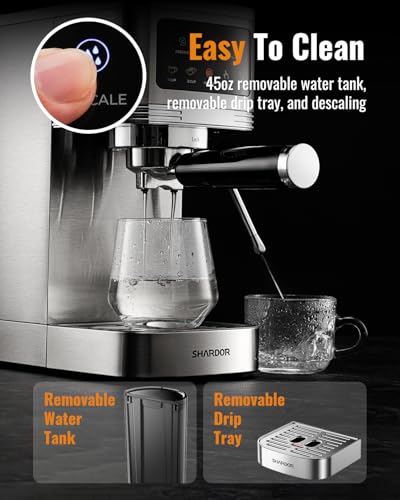 SHARDOR Espresso Machine 20 Bar, Professional Espresso Machine with Milk Frother and Touchscreen, Expresso Coffee Machines with Adjustable Temperature,for Cappuccino, Latte, Stainless Steel, Silver