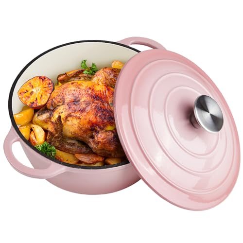 6 Quart Dutch Oven Enameled Cast Iron with Lid - Big Dual Handles - Oven Safe up to 500°F - Classic Round Pot for Versatile Cooking Pink