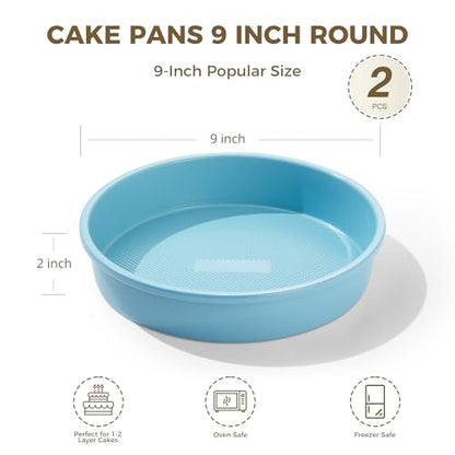 HONGBAKE Nonstick Ceramic 9 Inch Round Cake Pan Set of 2, Heavy-Duty Aluminized Steel round cake pans with Diamond Texture, Non-Toxic Cake Molds, Cake Pans Sets for Baking Cheesecake, Blue