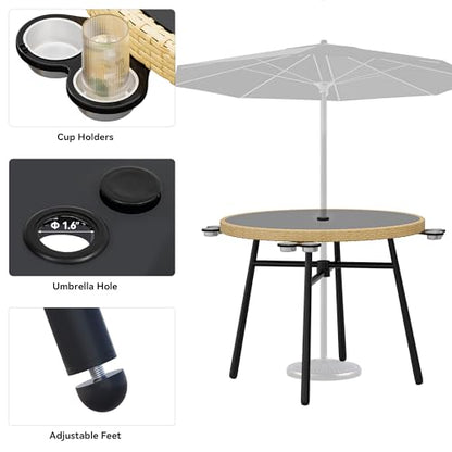 YITAHOME Outdoor Dining Set with Umbralle Hole, 5pcs Rattan Patio Dining Set for 4 with Cup Holders Soft Cushions and Glass Top Dining Table for Patio, Backyard, Garden, Bacony, Light Brown & Black