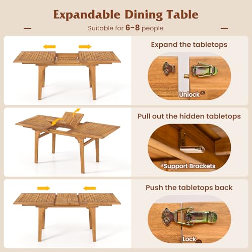 Tangkula 9 Pieces Acacia Wood Patio Dining Set for 6-8, Outdoor Expandable Table and Chairs Set with 1.97" Umbrella Hole and Breathable Fabric for Garden, Lawn, Yard and Poolside