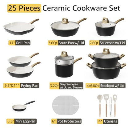 Bazova 25-Piece Pots and Pans Set Non Stick,Titanium Ceramic Cookware Set Non Toxic,Long-Lasting,PFAS Free,Induction Compatible,Complete Kitchen Set for All Family Cooking Needs