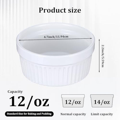 4 Pack Ramekins 12 Oz Oven Safe, Creme Brulee Set, Porcelain Souffle Dish for Baking, Soup Bowls for French Onion Soup White