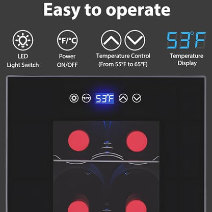 Iceblue Wine Fridge, Digital Temperature Control White & Red Wine 6 Bottle Wine Cooler with Wine Rack, Champagne Wine Cooler Refrigerator for Bar, Home,Kitchen,Gift (Black)