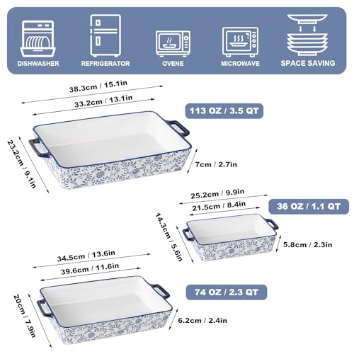 Cerkik Ceramic Bakeware Set - Casserole Dish Baking Dishes for Oven - Rectangular Lasagna Pans with Handles for Kitchen Cooking - Microwave & Dishwasher Safe - Set of 3 (15.1''/13.6''/9.9'') - Blue