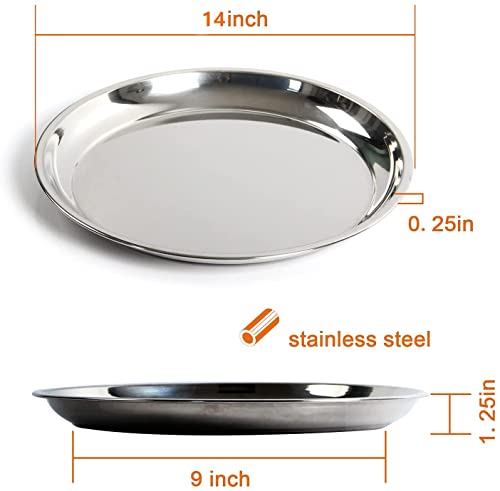 14 In Stainless Steel Roasting Pan, Stainless Steel Heavy Duty Kitchenware Round Roaster Pan Large XLarge Big Size Green Egg Drip Pan for Turkey Baking,Roast Chicken,Brushed Surface & Dishwasher Safe