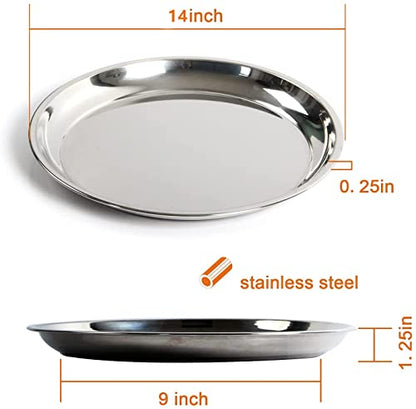 14 In Stainless Steel Roasting Pan, Stainless Steel Heavy Duty Kitchenware Round Roaster Pan Large XLarge Big Size Green Egg Drip Pan for Turkey Baking,Roast Chicken,Brushed Surface & Dishwasher Safe