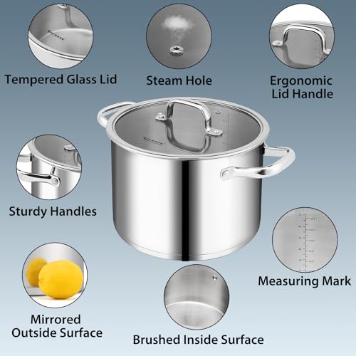 Rorence Stainless Steel Stock Pot, Tri-Ply Base Large Pot Induction Cooking Pot with Lid for All Stoves, Oven & Dishwasher Safe, 8-Quart