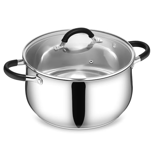 E-far Stainless Steel Stock Pot, 8 Quart Large Cooking Pot with Glass Lid for Boiling Pasta Soup Sauce, Tri-Ply Induction Thick Base for All Stoves, Cool-Touch Handles & Dishwasher Safe