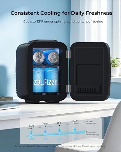 BEICHEN Mini Fridge, 4 Liter/6 Can Portable Refrigerator for Bedroom Office Dorm Car– Fast Cooling, Low Noise, 100-125V AC/5-12V USB Small Compact Refrigerator for Skincare, Food, Drinks(Black)