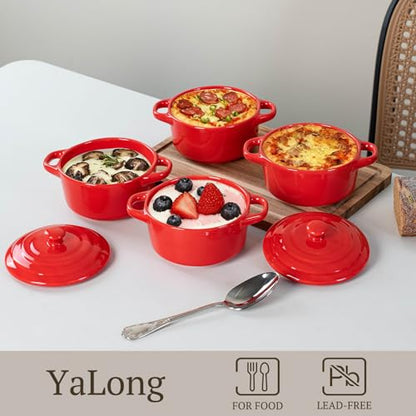 Mini Cocotte Set of 4, 15 oz Ceramic Mini Dutch Ovens with Lids and Handles, Small Casserole Dishes for Baking, Soufflé and Baked Desserts, Oven Microwave Dishwasher Safe, Red