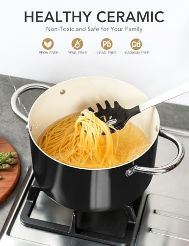 MICHELANGELO Ceramic Stock Pot with Lid, 6 Quart Pot with Nonstick Coating, Induction Cooking Pot for Induction and All Stovetops - 6QT, Black