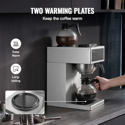 VEVOR Commercial Drip Coffee Maker, 12 Cups Coffee-Maker Machine with 2 Glass Carafes and 2 Decanter Warmer Plates, Stainless Steel Drip Style Coffee Brewer, for Restaurant, Office, Coffee Shop & Home