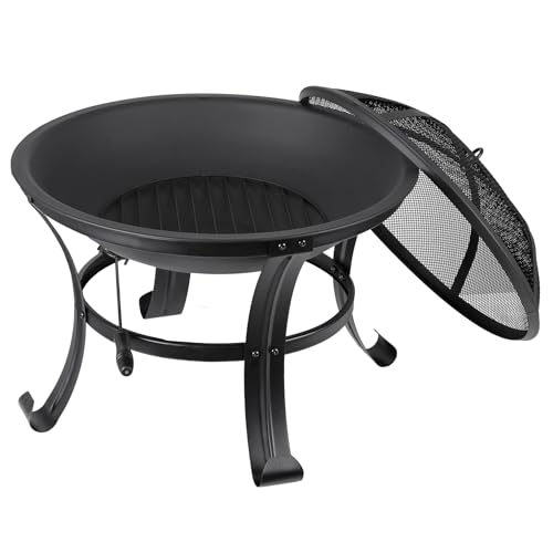 22 Inches Portable Fire Pit Outdoor Wood Burning Steel Lightweight BBQ Grill Firepit Bowl with Log Grate&Poker for Outside Patio Campfire Bonfire Backyard