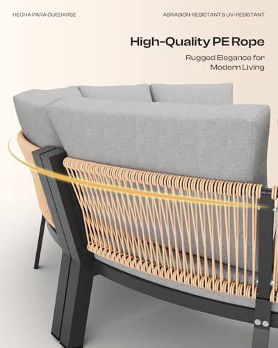 Oasbira Luxury Patio Furniture Set for 12 People, 9-Piece Curved Patio Conversation Sets with Woven Rope & Modular Coffee Table, Half Moon Outdoor Furnitrue Set for Deck, Garden, Gray