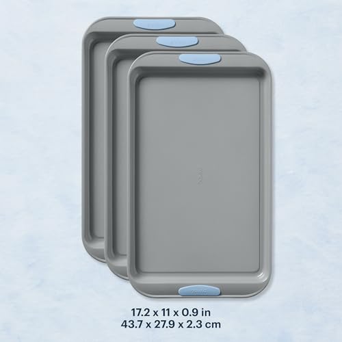 Pyrex 3-Piece Metal Cookie Sheet Bakeware Set, Lightweight Stainless Steel Baking Trays with Heatsafe Silicone Handles, Cookie Sheet Baking Pan, Cerulean
