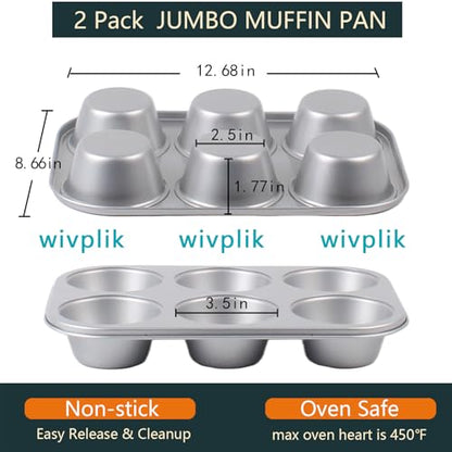 wivplik Nonstick jumbo Muffin Pans 6 Cups，2 Pack Extra Large Cupcake Tins for Baking，Premmium Non-stick Coating for Non-Toxic,Heavy Duty Carbon Steel, 3.5 dia,Deep Muffin Tray