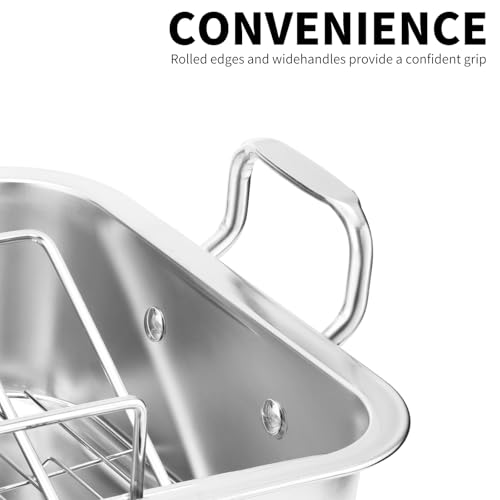 QPMR Roasting Pan with Cooling Rack - Stainless Steel Large Turkey Roaster Pan for Turkey, Chicken, Ham Roaster with V-Shaped Baking Rack Heavy Duty Dishwasher Safe