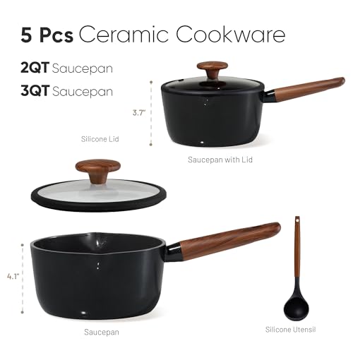 CAROTE 2QT & 3QT Sauce Pan Sets with Lid & Ladle Ceramic Nonstick Pot Set Non Toxic Saucepan Small Kitchen Cooking Pots, Easy to Clean, Induction Comptable, PFAS PTFE Free, Black