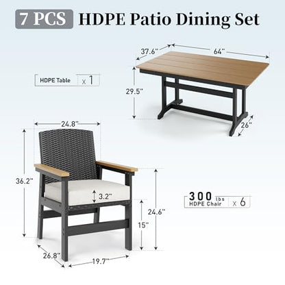 7 Piece HDPE Outdoor Dining Set for 6, 64” All Weather Wood-grain Dining Table, 6 Wicker Rattan Chairs with 3.2” Waterproof Cushion, Patio Table and Chairs Set for Backyard and Deck, Black