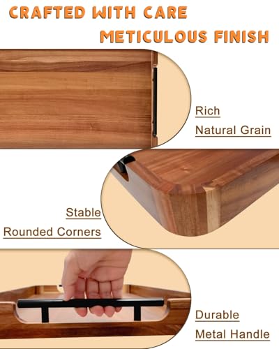 OurMiao 22" x 15.75" Acacia Wood Serving Tray with Metal Handles & Rounded Corners, Large Rectangular Wooden Ottoman Tray for Coffee Table, Living Room, Kitchen, Food Serving