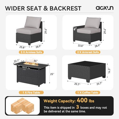 Aoxun Outdoor Patio Furniture Set with 44'' Fire Pit Table, 7 Pcs Outdoor Sectional with 4in Thicken Cushion, Widen Armrests Wicker for Backyard, Grey