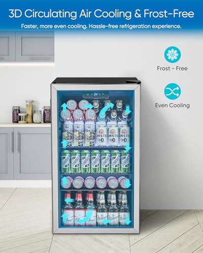 Feelfunn Beverage Refrigerator Cooler - 126 Can Mini Fridge Glass Door for Drinks Soda Beer Wine - Small Refrigerator for Office Bedroom Home Bar, 4 Adjustable Shelves, 3.2 Cu.Ft, Silver