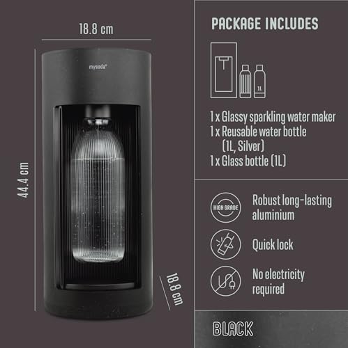 Mysoda Glassy Soda Maker + 1L Glass and 1L Plastic Bottle - Silent Carbonated Water Machine Soda Maker with Sliding Door Opening - No Cylinder Included - Black