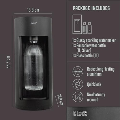 Mysoda Glassy Soda Maker + 1L Glass and 1L Plastic Bottle - Silent Carbonated Water Machine Soda Maker with Sliding Door Opening - No Cylinder Included - Black