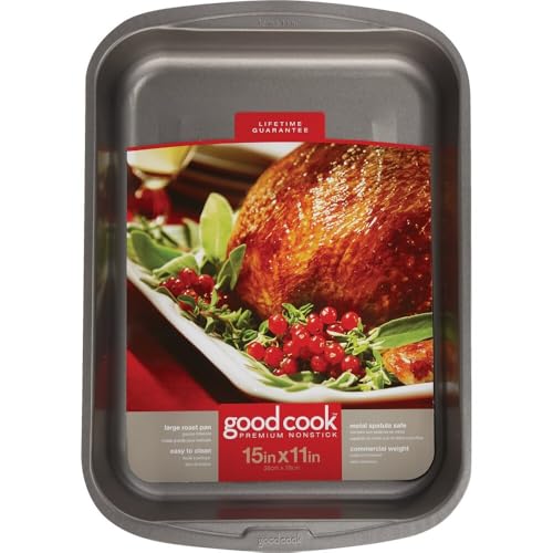 Goodcook Everyday Nonstick Roast Pan, Metal Utensil-Safe Easy Clean Dishwasher Safe Rectangle Roaster, 11.5x15.5-Inch, Silver