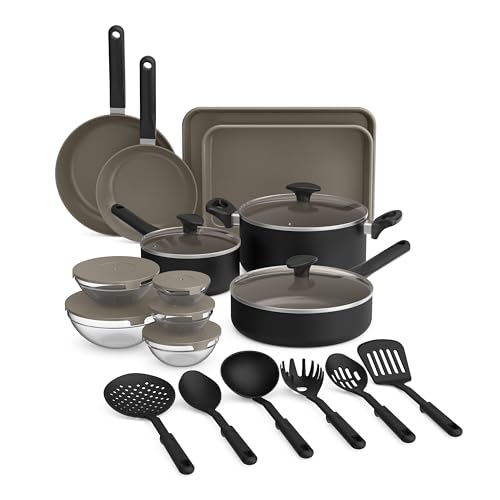 bella 21 Piece Kitchen Set with EverGood™ Ceramic Nonstick Coating, Dishwasher & Oven Safe, All Stovetops Compatible, Tempered Glass Lids & Cool Touch Handles, Black