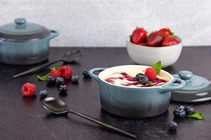 Kook Ceramic Mini Cocotte Set, Small Casserole Dishes with Lids and Handles, Individual Baking Ramekins, Oven safe 350F, Microwave & Dishwasher Safe, Stoneware, 12 oz, Set of 4, (Stone Ombre)