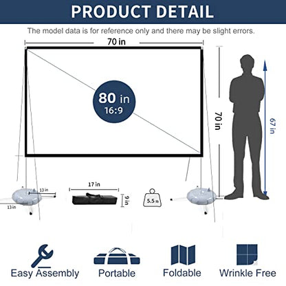 Projector Screen Portable Outdoor Movie: Projection Screens Stand 4K Cinema 80 inch for Camping White